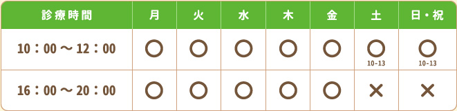 【営業時間】平日  10：00～12：00 / 16：00～20：00土・日・祝  10：00～13：00